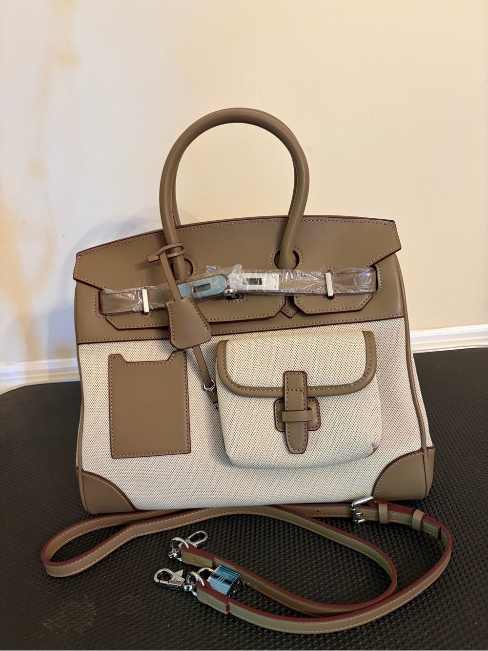30cm Taupe and Cream Structured Canvas Tote Bag with Top Handles